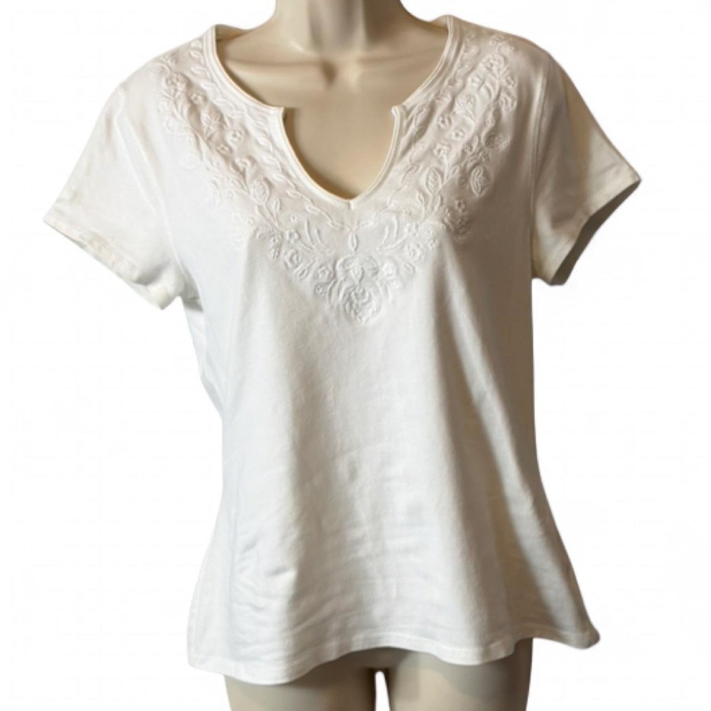 Vintage 90s Sonoma Life + Style Embroidered V Notch White Tee, Women's Size M